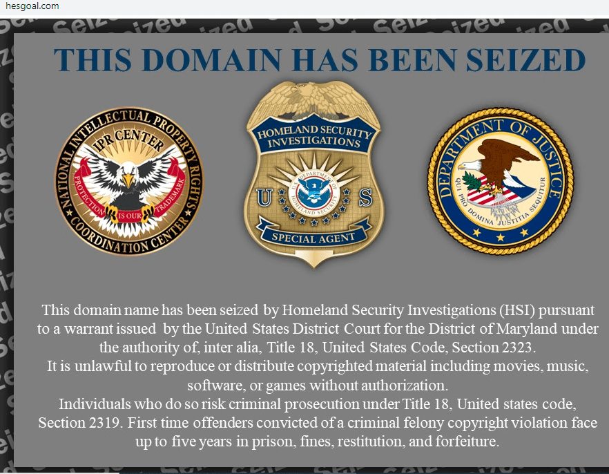 Hesgoal seized by Homeland Security