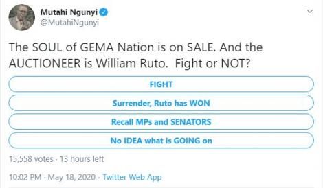 Screenshot of political analyst Prof. Mutahi Ngunyi's poll posted on Monday, May 18, 2020
