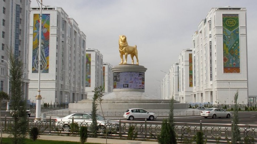The 19ft (6m) golden statue of the Alabay dog in the heart of the Turkmen capital