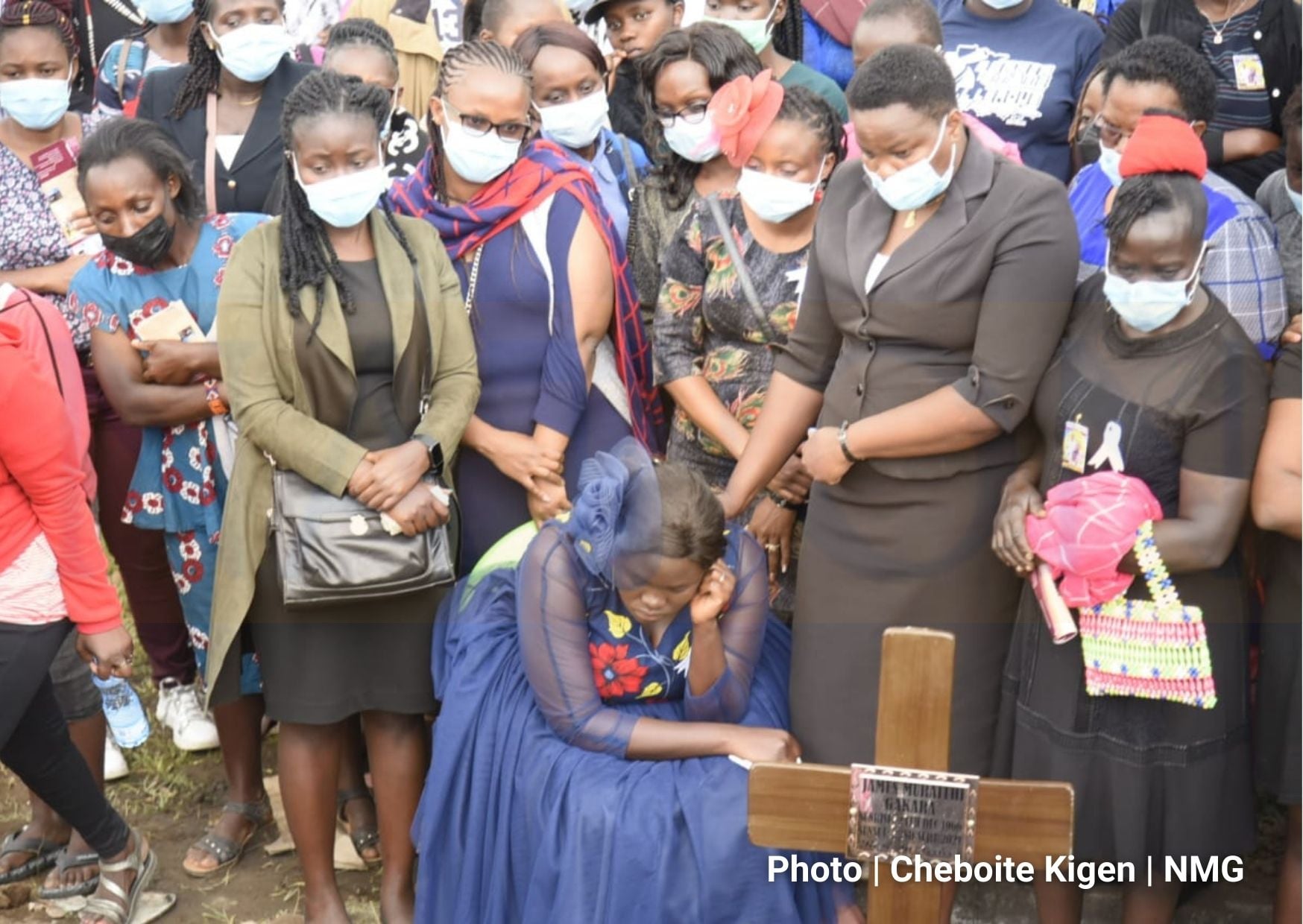 Winnie Odhiambo, Dr James Gakara’s widow, during the burial of her husband and their two children in Mbaruuk,