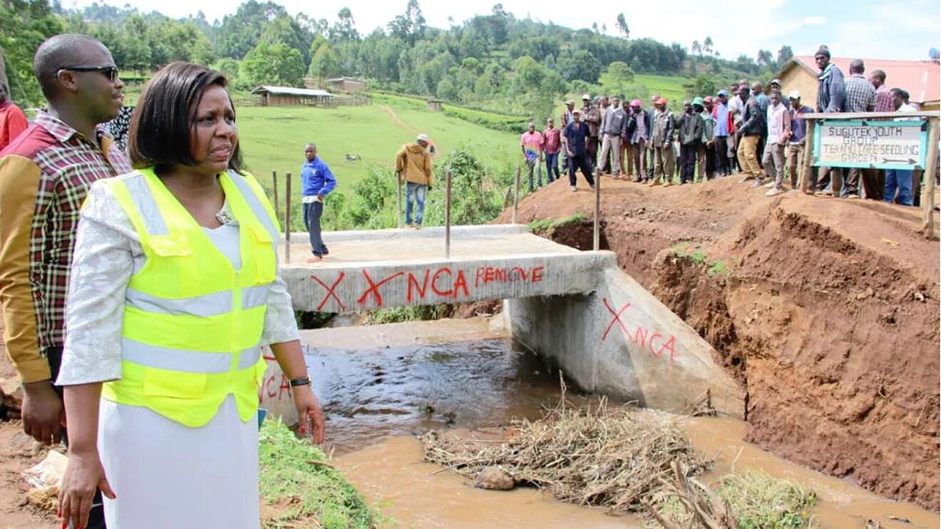 Late Bomet Governor Dr Joyce Laboso when she toured Chepkositonik bridge in Merigi ward, Bomet East sub county on August 30, 2018.