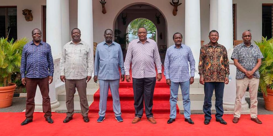 President Uhuru Kenyatta (centre) when he met political leaders including ODM leader Raila Odinga, Musalia Mudavadi (ANC), Kalonzo Musyoka (Wiper), Moses Wetangula (Ford Kenya) and Gideon Moi (Kanu) at State House Mombasa on August 10, 2021.