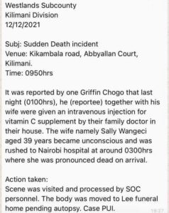 Reports about the death of Kilimani Mum Sally Wangeci 