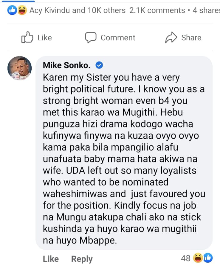 Mike Sonko advice to Karen Nyamu