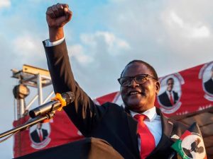 President Lazarus Chakwera of Malawi waving at people. Photo/BBC. 